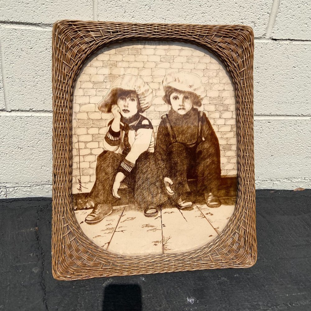 Rare Vintage Art on Glass 1978  Woven Frame 16" x 20"